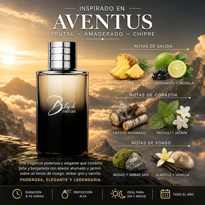 Notas olfativas del perfume de nicho inspirado en Aventus: piña, bergamota, grosella, abedul ahumado, pachulí, jazmín, musgo, ámbar gris, almizcle, vainilla