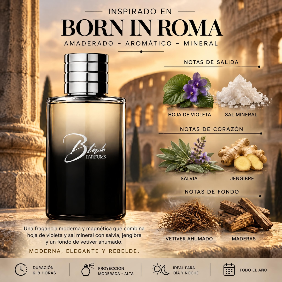 Notas olfativas del perfume de nicho inspirado en Born in Roma Uomo: hoja de violeta, sal mineral, salvia, jengibre, vetiver ahumado y maderas