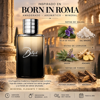 Notas olfativas del perfume de nicho inspirado en Born in Roma Uomo: hoja de violeta, sal mineral, salvia, jengibre, vetiver ahumado y maderas