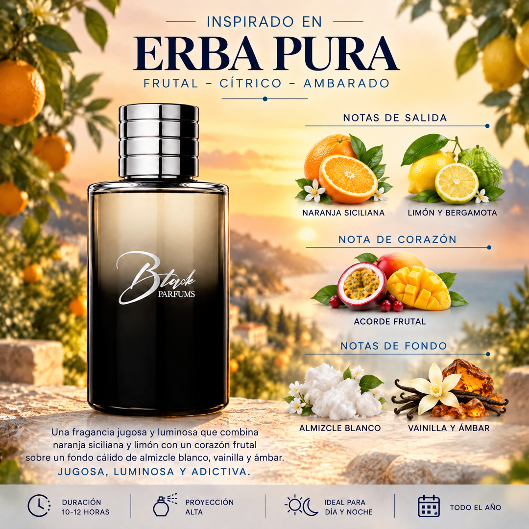Notas olfativas del perfume de nicho inspirado en Erba Pura: naranja siciliana, limón, bergamota, acorde frutal, almizcle blanco, vainilla, ámbar