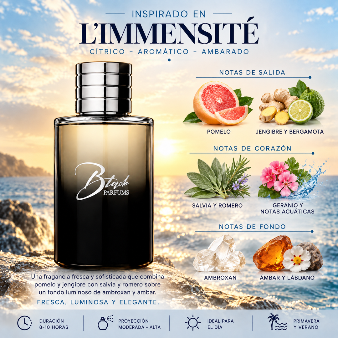 Notas olfativas del perfume de nicho inspirado en L'Immensité: pomelo, jengibre, bergamota, salvia, romero, geranio, ambroxan y ámbar