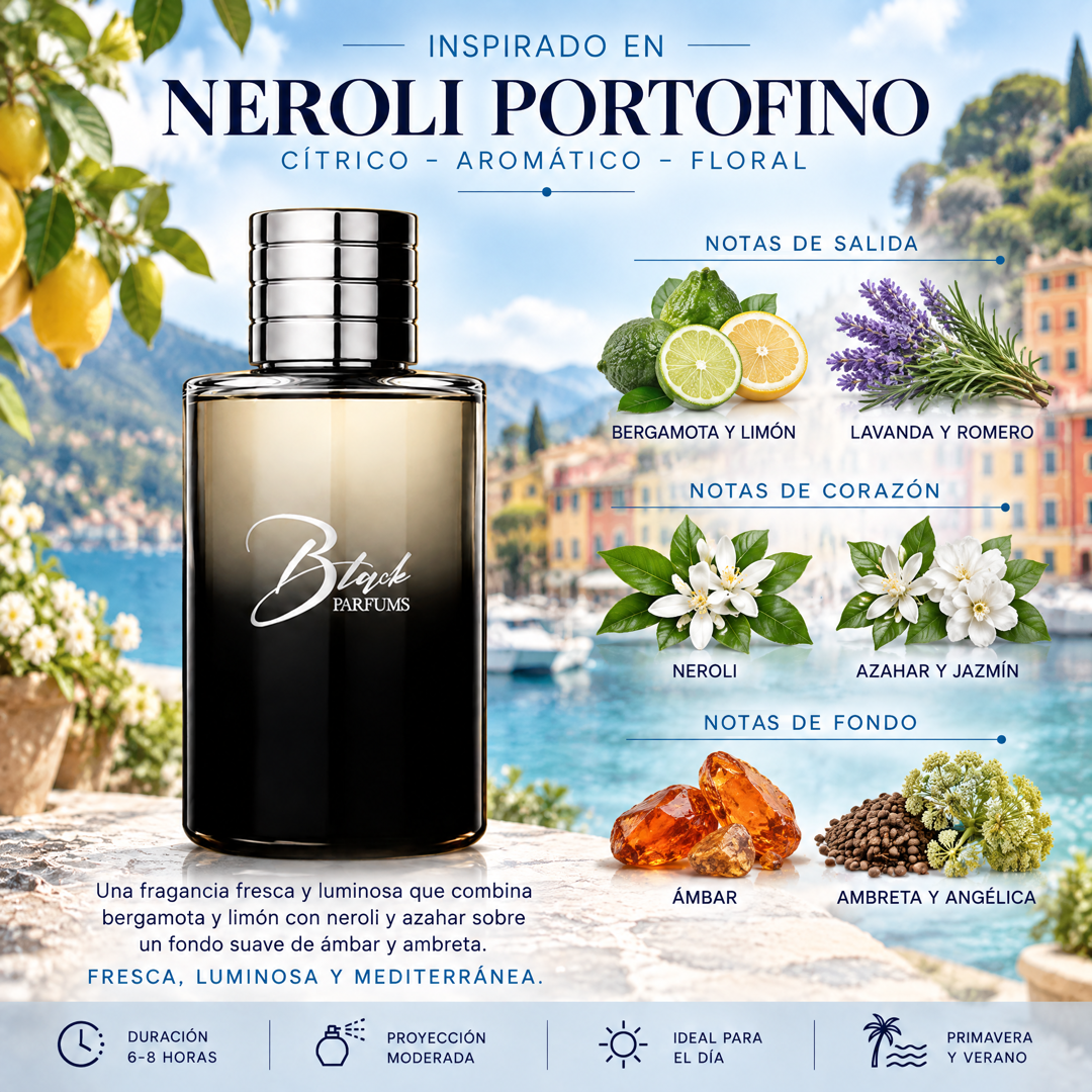 Notas olfativas del perfume de nicho inspirado en Neroli Portofino: bergamota, limón, lavanda, romero, neroli, azahar, jazmín, ámbar, ambreta, angélica