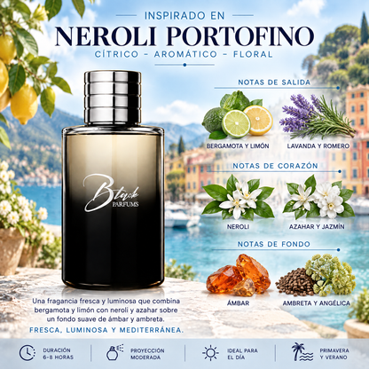 Notas olfativas del perfume de nicho inspirado en Neroli Portofino: bergamota, limón, lavanda, romero, neroli, azahar, jazmín, ámbar, ambreta, angélica