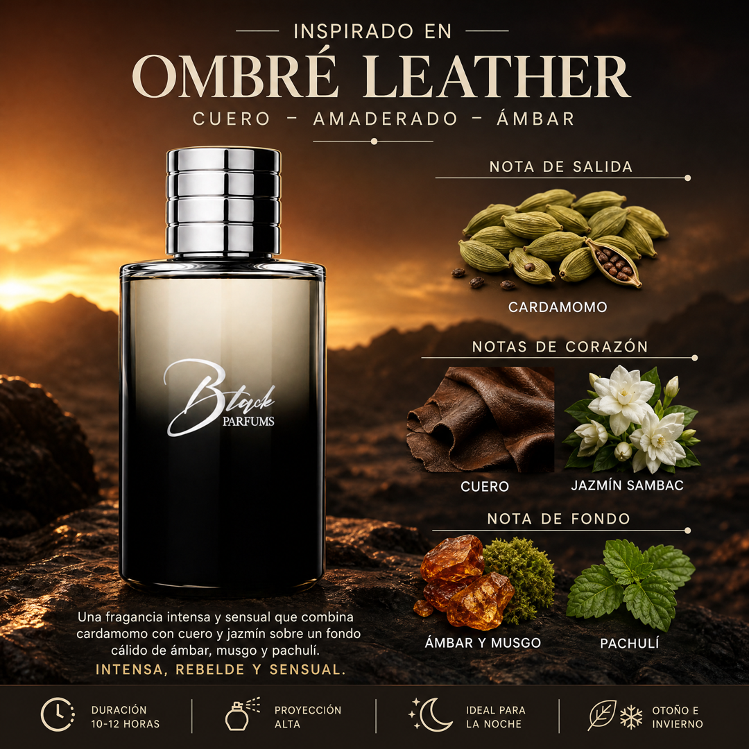 Notas olfativas del perfume de nicho inspirado en Ombré Leather: cardamomo, cuero, jazmín sambac, ámbar, musgo, pachulí