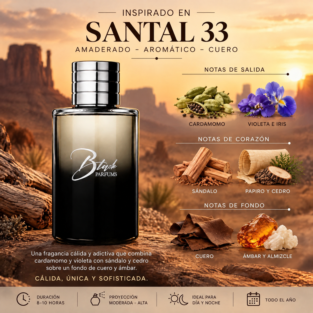 Notas olfativas del perfume de nicho inspirado en Santal 33: cardamomo, violeta, iris, sándalo, papiro, cedro, cuero, ámbar y almizcle