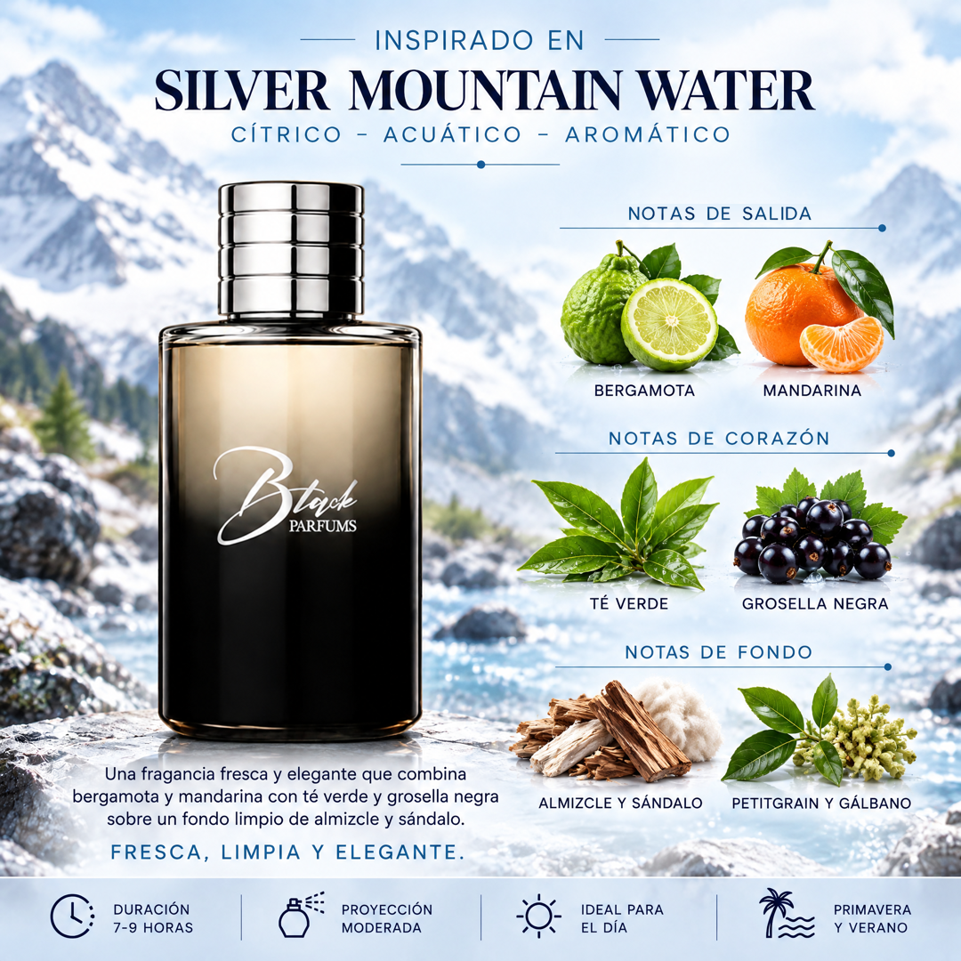 Notas olfativas del perfume de nicho inspirado en Silver Mountain Water: bergamota, mandarina, té verde, grosella negra, almizcle, sándalo, petitgrain, gálbano
