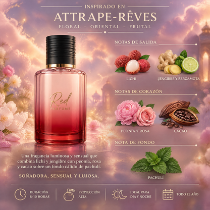 Notas olfativas del perfume de nicho inspirado en Attrape-Rêves: lichi, jengibre, bergamota, peonía, rosa, cacao, pachulí