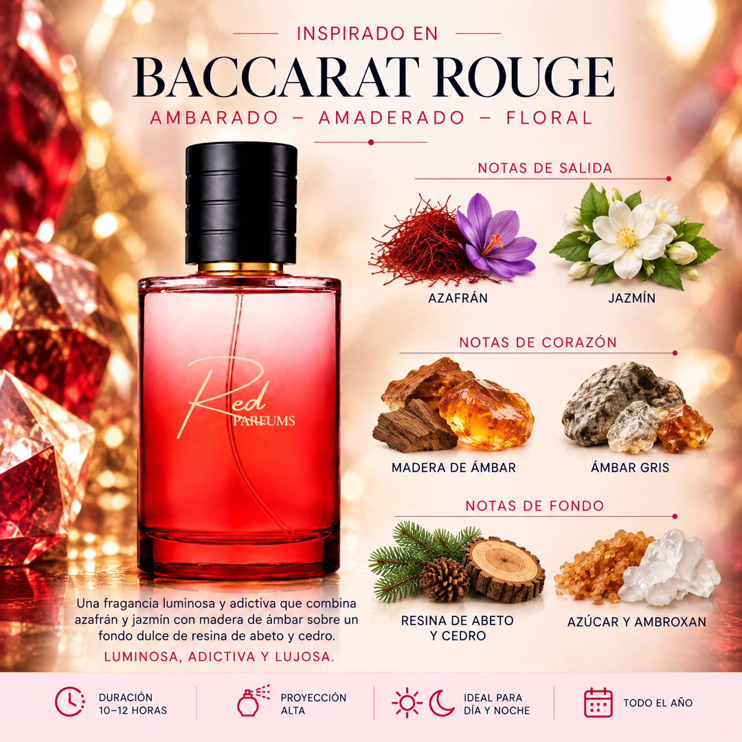 Notas olfativas del perfume de nicho inspirado en Baccarat Rouge 540: azafrán, jazmín, madera de ámbar, ámbar gris, resina de abeto, cedro, azúcar y ambroxan