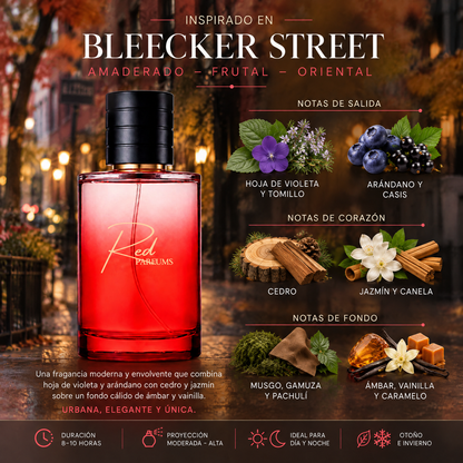 Notas olfativas del perfume de nicho inspirado en Bleecker Street: hoja de violeta, tomillo, arándano, casis, cedro, jazmín, canela, musgo, gamuza, pachulí, ámbar, vainilla, caramelo