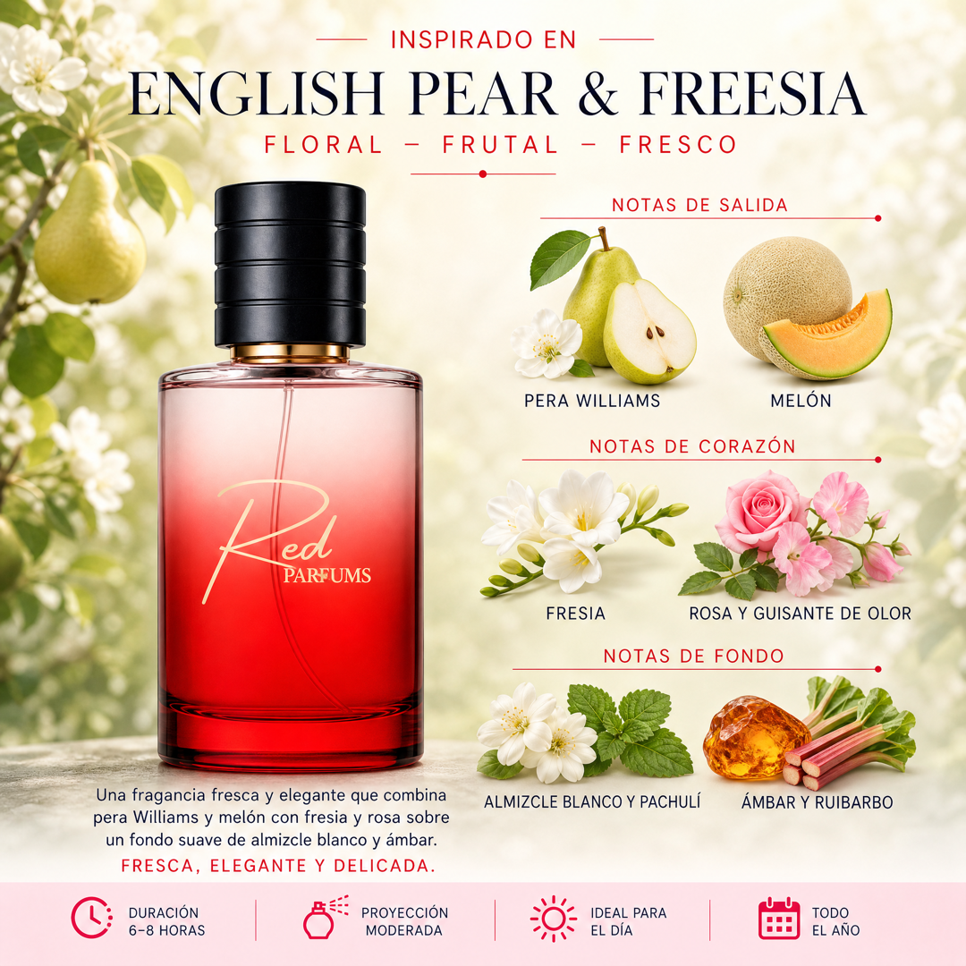 Notas olfativas del perfume de nicho inspirado en English Pear & Freesia: pera Williams, melón, fresia, rosa, guisante de olor, almizcle blanco, pachulí, ámbar y ruibarbo