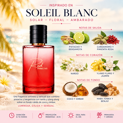 Notas olfativas del perfume de nicho inspirado en Soleil Blanc: pistacho, bergamota, cardamomo, pimienta rosa, nardo, ylang-ylang, jazmín, coco, ámbar, haba tonka y benjuí