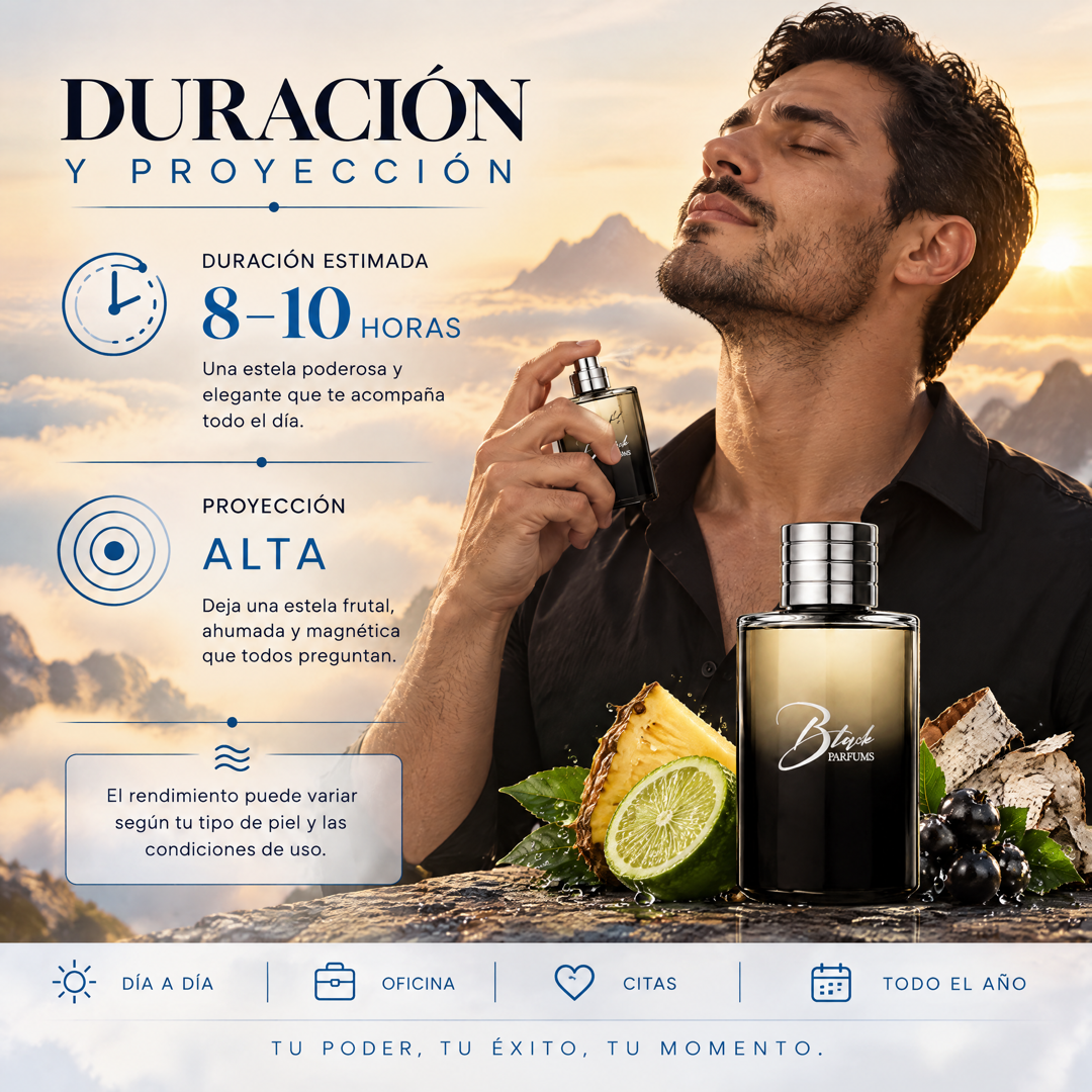 Duración de 8 a 10 horas y proyección alta del perfume de nicho de hombre inspirado en Aventus