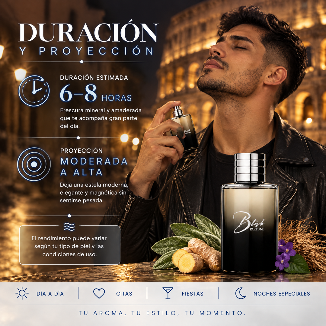 Duración de 6 a 8 horas y proyección moderada a alta del perfume de nicho inspirado en Born in Roma Uomo