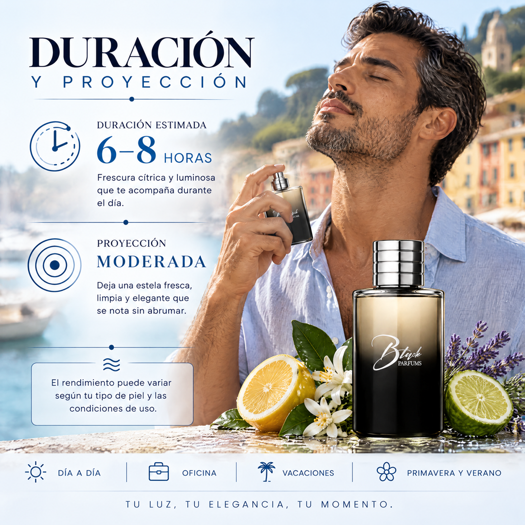 Duración de 6 a 8 horas y proyección moderada del perfume de nicho de hombre inspirado en Neroli Portofino