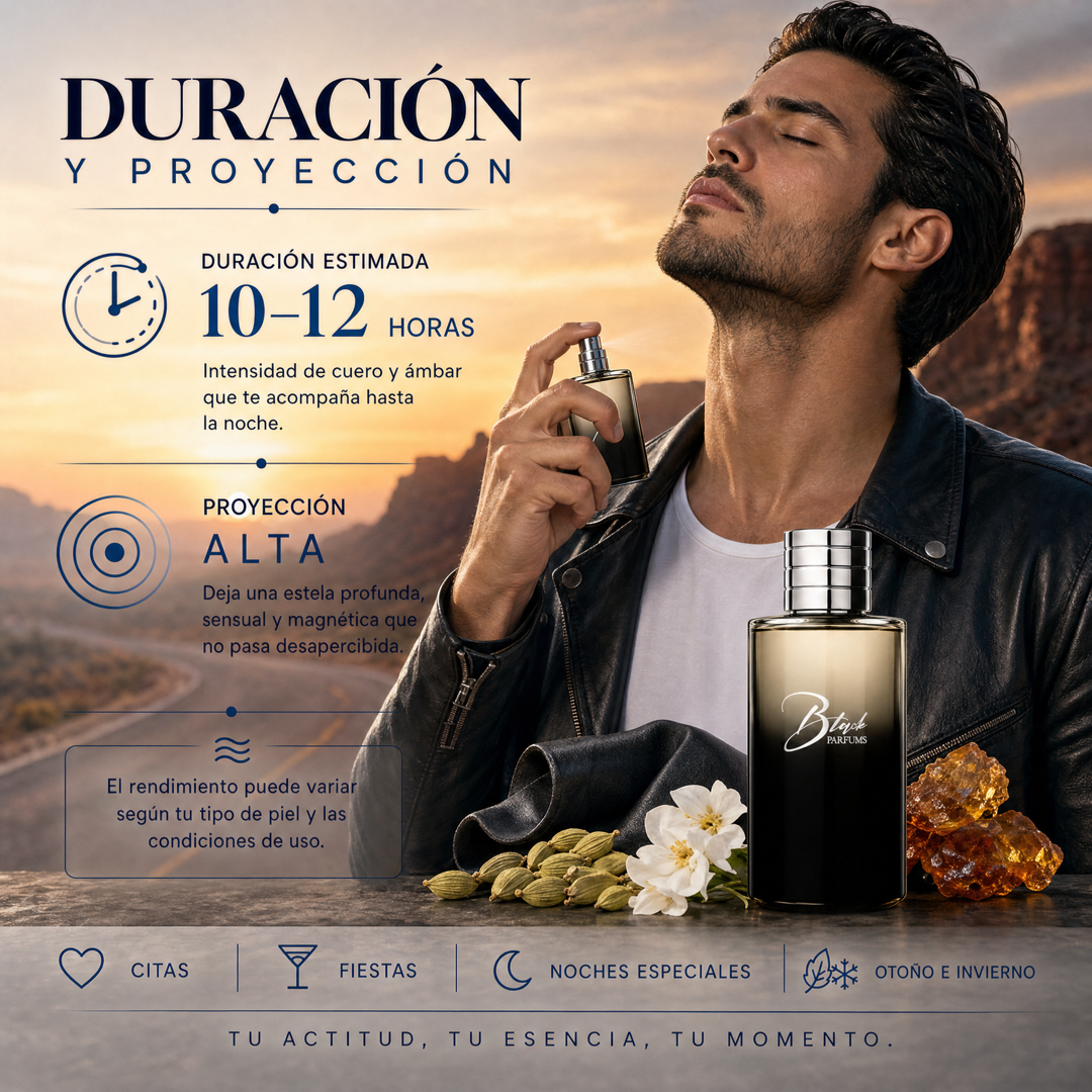 Duración de 10 a 12 horas y proyección alta del perfume de nicho de hombre inspirado en Ombré Leather