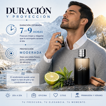 Duración de 7 a 9 horas y proyección moderada del perfume de nicho de hombre inspirado en Silver Mountain Water