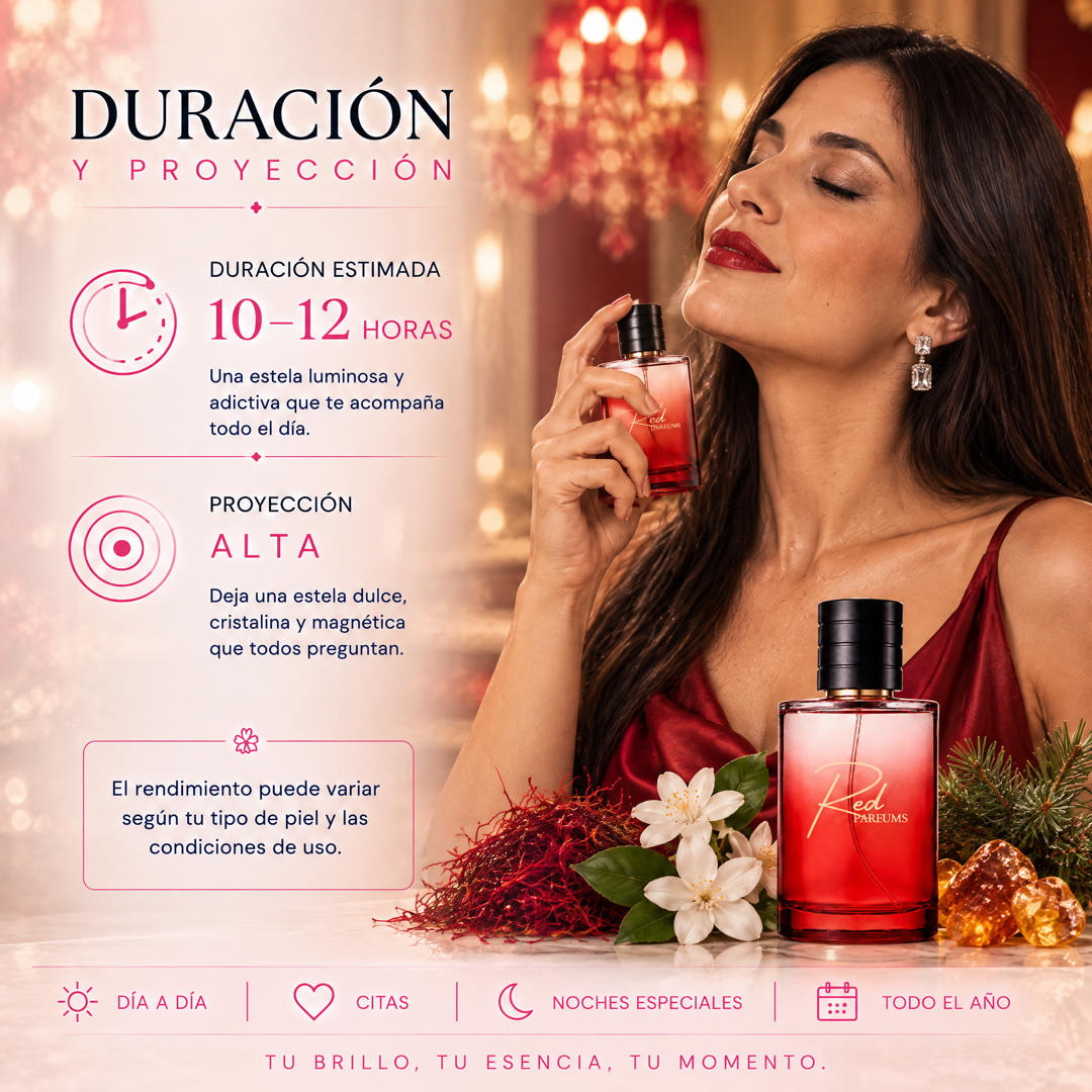 Duración de 10 a 12 horas y proyección alta del perfume de nicho de mujer inspirado en Baccarat Rouge 540