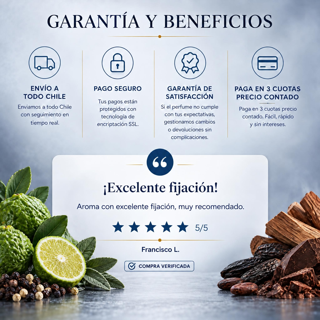Garantía y beneficios Perfumes Inferno: envío a todo Chile, pago seguro, garantía de satisfacción y 3 cuotas sin interés