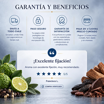 Garantía y beneficios Perfumes Inferno: envío a todo Chile, pago seguro, garantía de satisfacción y 3 cuotas sin interés