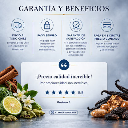 Garantía y beneficios Perfumes Inferno: envío a todo Chile, pago seguro, garantía de satisfacción y 3 cuotas sin interés