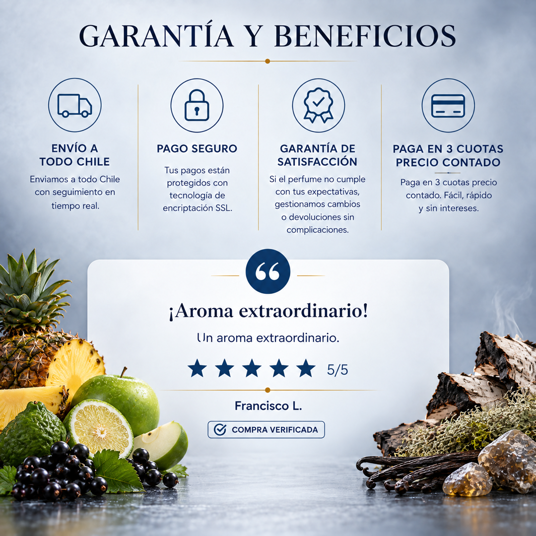 Garantía y beneficios Perfumes Inferno: envío a todo Chile, pago seguro, garantía de satisfacción y 3 cuotas sin interés