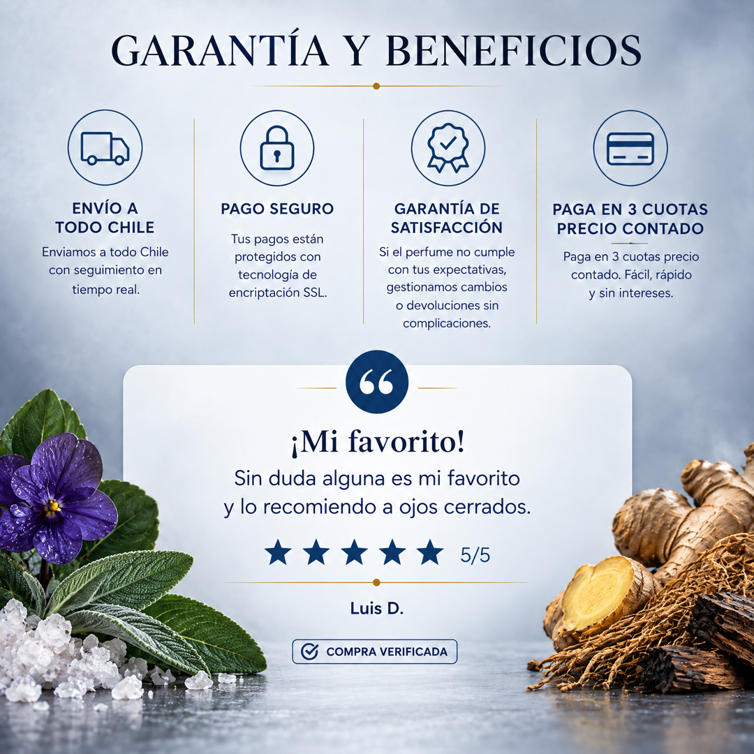 Garantía y beneficios Perfumes Inferno: envío a todo Chile, pago seguro, garantía de satisfacción y 3 cuotas sin interés