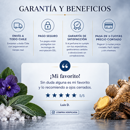Garantía y beneficios Perfumes Inferno: envío a todo Chile, pago seguro, garantía de satisfacción y 3 cuotas sin interés