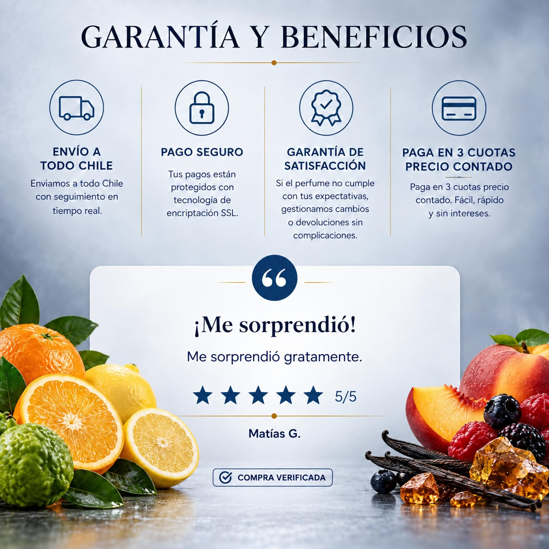 Garantía y beneficios Perfumes Inferno: envío a todo Chile, pago seguro, garantía de satisfacción y 3 cuotas sin interés