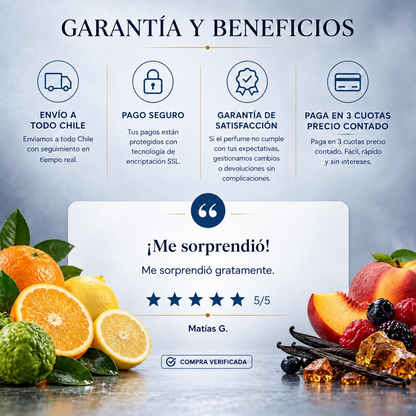 Garantía y beneficios Perfumes Inferno: envío a todo Chile, pago seguro, garantía de satisfacción y 3 cuotas sin interés