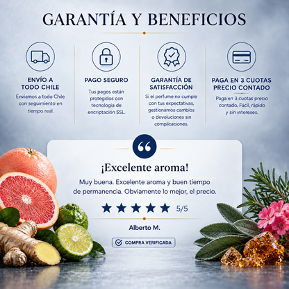 Garantía y beneficios Perfumes Inferno: envío a todo Chile, pago seguro, garantía de satisfacción y 3 cuotas sin interés