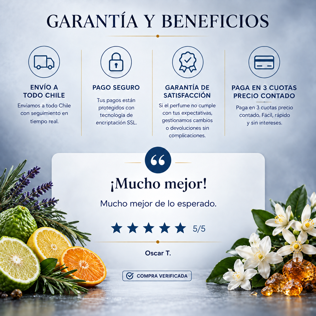 Garantía y beneficios Perfumes Inferno: envío a todo Chile, pago seguro, garantía de satisfacción y 3 cuotas sin interés