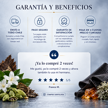 Garantía y beneficios Perfumes Inferno: envío a todo Chile, pago seguro, garantía de satisfacción y 3 cuotas sin interés