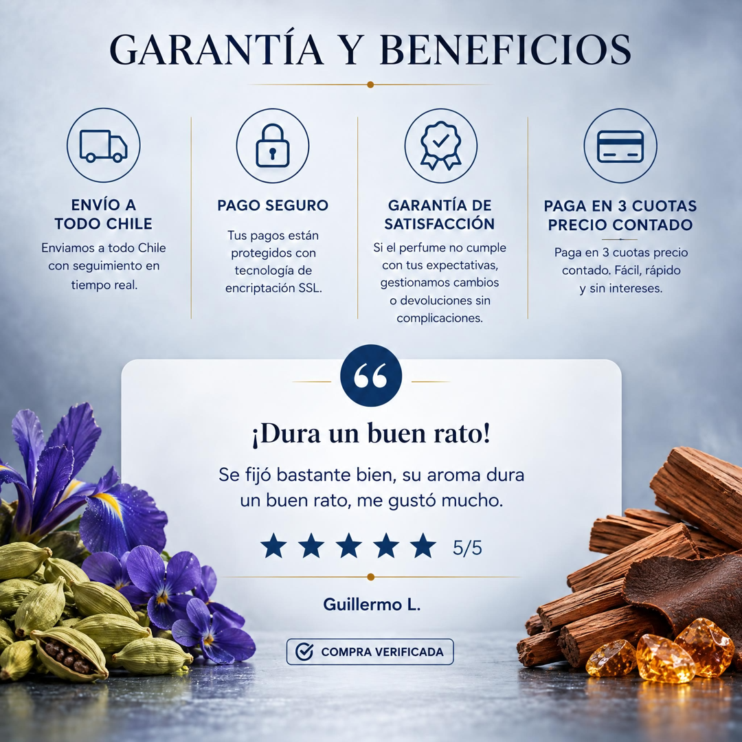 Garantía y beneficios Perfumes Inferno: envío a todo Chile, pago seguro, garantía de satisfacción y 3 cuotas sin interés
