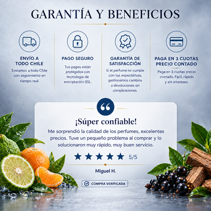Garantía y beneficios Perfumes Inferno: envío a todo Chile, pago seguro, garantía de satisfacción y 3 cuotas sin interés