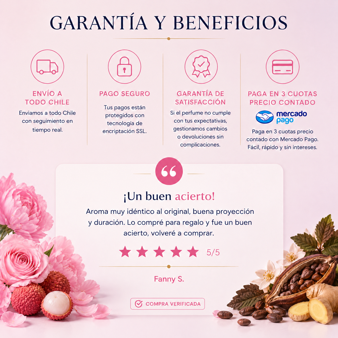 Garantía y beneficios Perfumes Inferno: envío a todo Chile, pago seguro, garantía de satisfacción y 3 cuotas sin interés