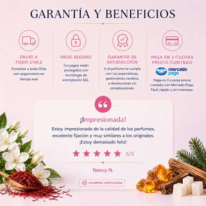Garantía y beneficios Perfumes Inferno: envío a todo Chile, pago seguro, garantía de satisfacción y 3 cuotas sin interés