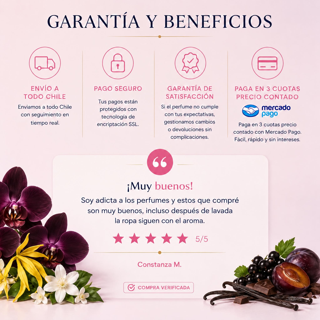 Garantía y beneficios Perfumes Inferno: envío a todo Chile, pago seguro, garantía de satisfacción y 3 cuotas sin interés con Mercado Pago