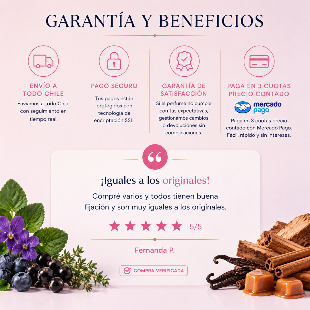 Garantía y beneficios Perfumes Inferno: envío a todo Chile, pago seguro, garantía de satisfacción y 3 cuotas sin interés