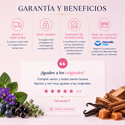 Garantía y beneficios Perfumes Inferno: envío a todo Chile, pago seguro, garantía de satisfacción y 3 cuotas sin interés