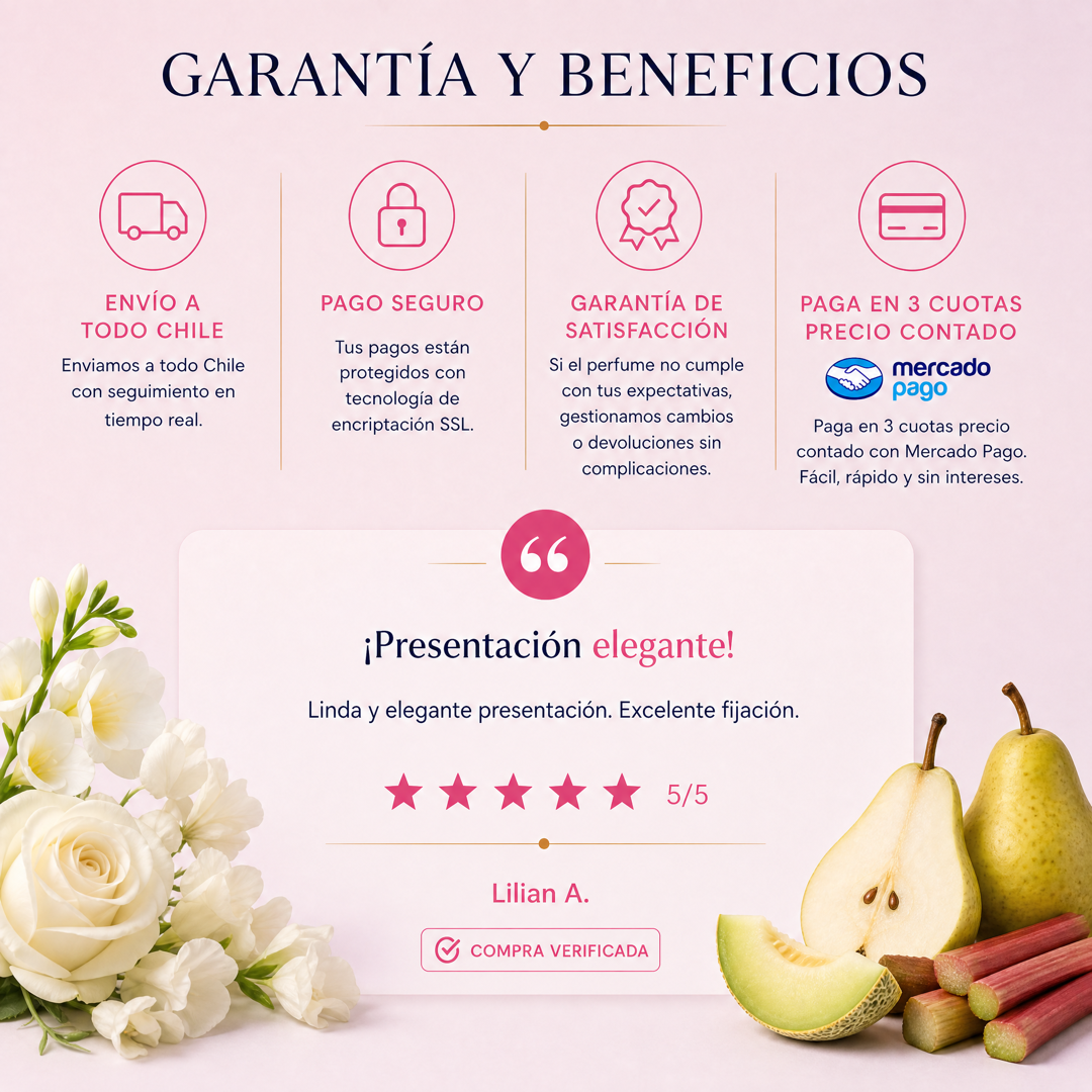 Garantía y beneficios Perfumes Inferno: envío a todo Chile, pago seguro, garantía de satisfacción y 3 cuotas sin interés