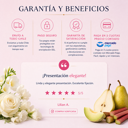 Garantía y beneficios Perfumes Inferno: envío a todo Chile, pago seguro, garantía de satisfacción y 3 cuotas sin interés