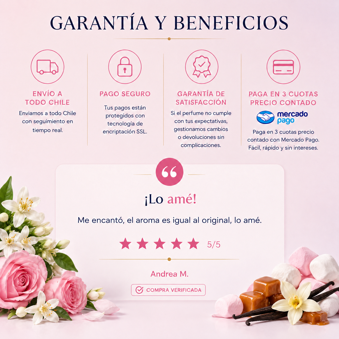 Garantía y beneficios Perfumes Inferno: envío a todo Chile, pago seguro, garantía de satisfacción y 3 cuotas sin interés con Mercado Pago