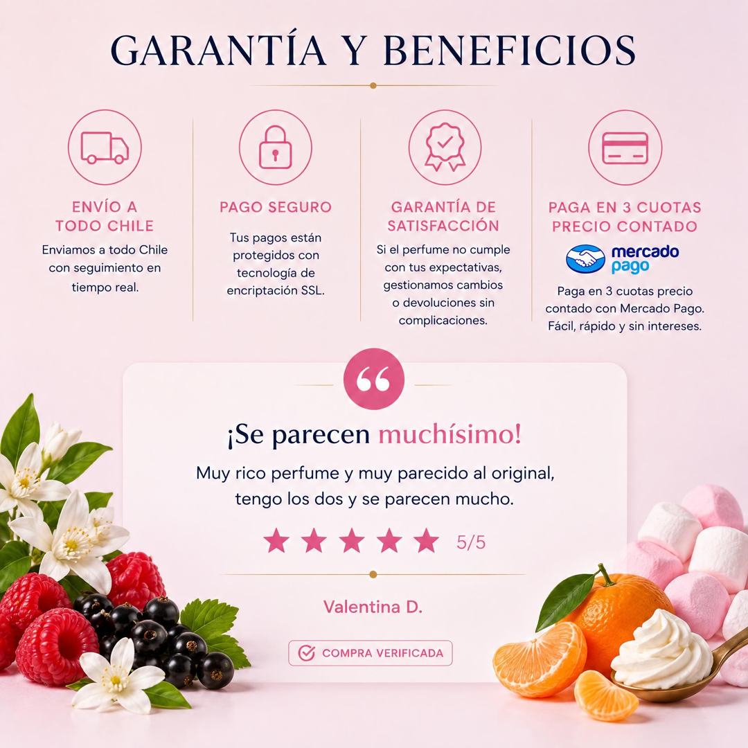 Garantía y beneficios Perfumes Inferno: envío a todo Chile, pago seguro, garantía de satisfacción y 3 cuotas sin interés