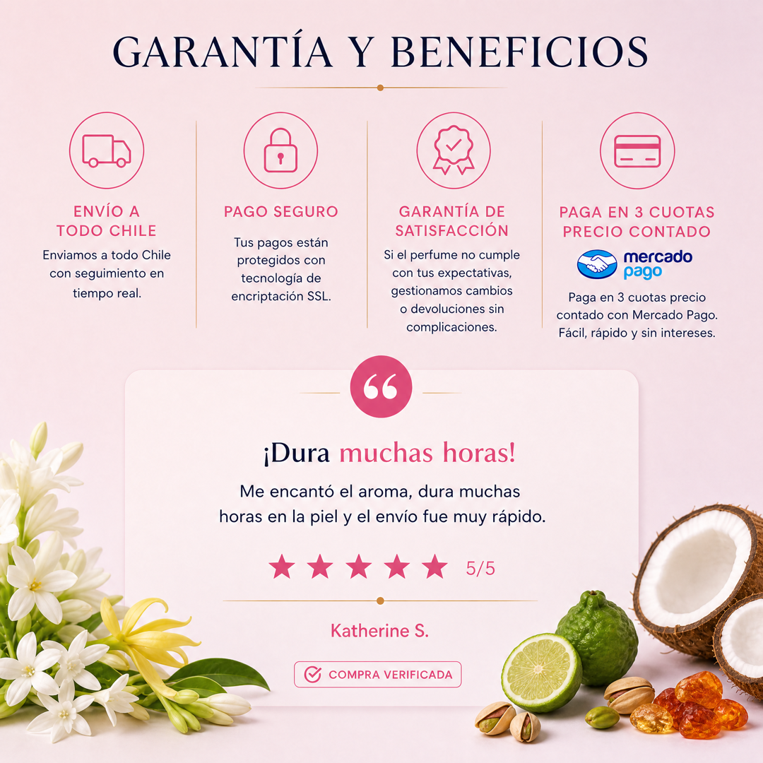 Garantía y beneficios Perfumes Inferno: envío a todo Chile, pago seguro, garantía de satisfacción y 3 cuotas sin interés