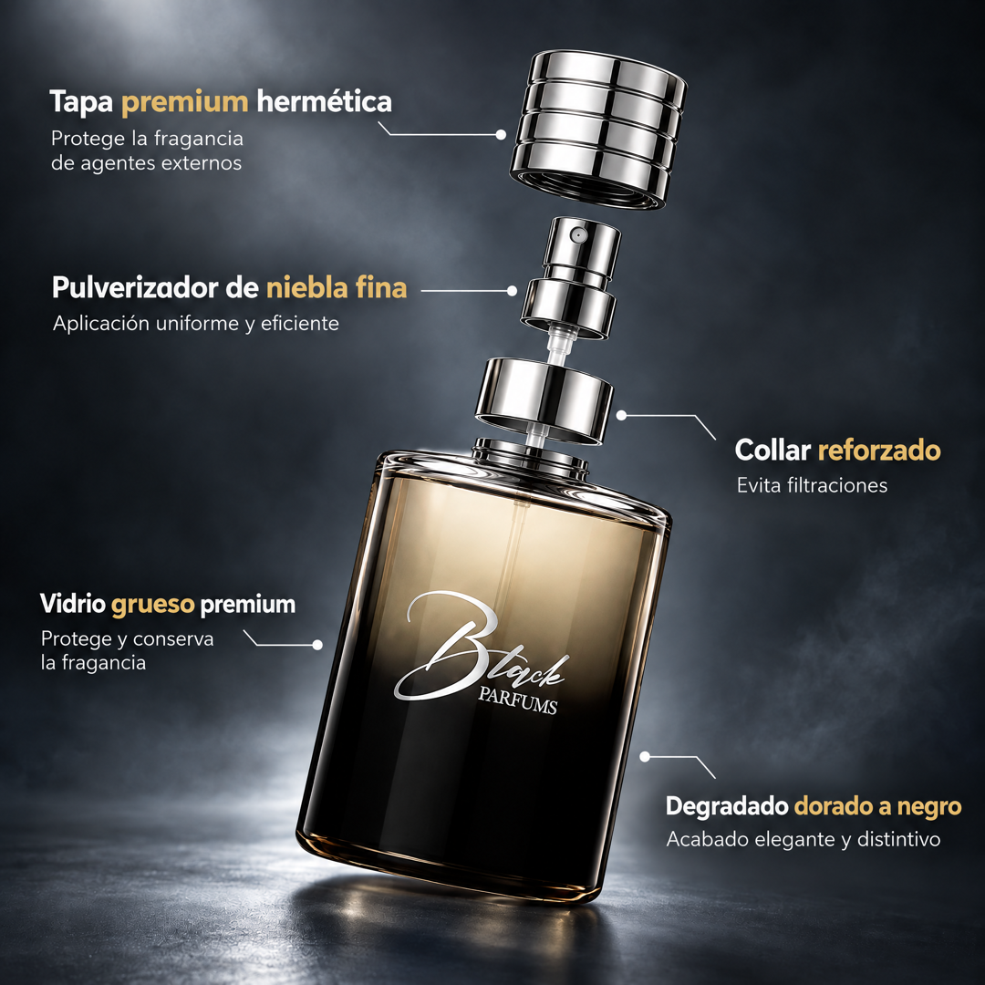 Características del frasco de nicho Black Parfums: tapa premium hermética, pulverizador de niebla fina, vidrio grueso y degradado dorado a negro