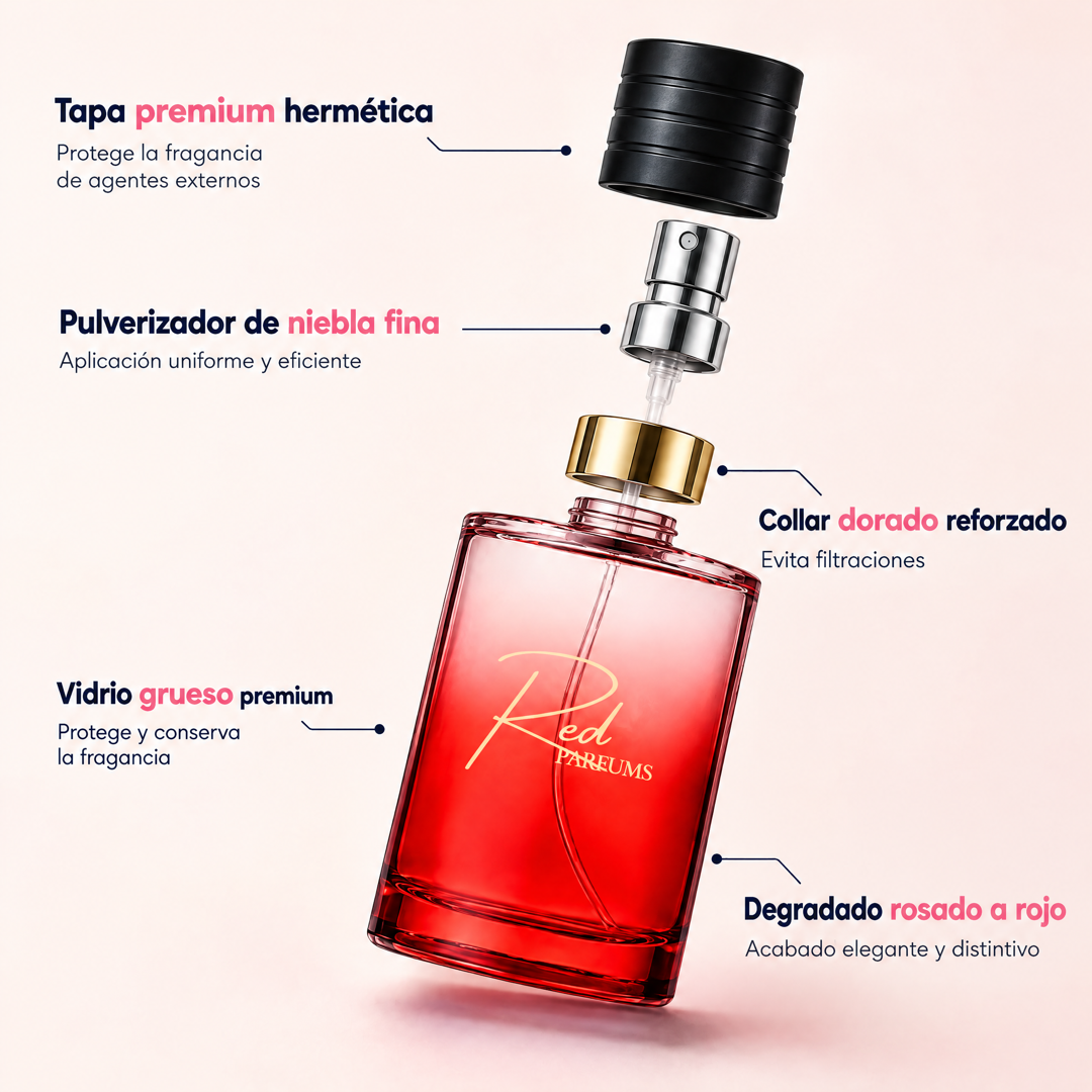 Características del frasco de nicho Red Parfums: tapa premium hermética, pulverizador de niebla fina, collar dorado, vidrio grueso y degradado rosado a rojo