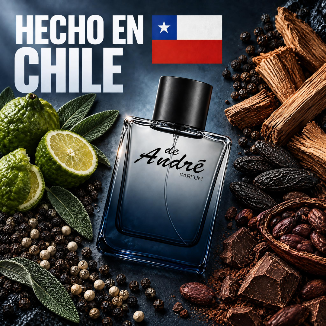 Perfume inspirado en Bad Boy hecho en Chile, con pimienta, bergamota, salvia, cedro, haba tonka y cacao