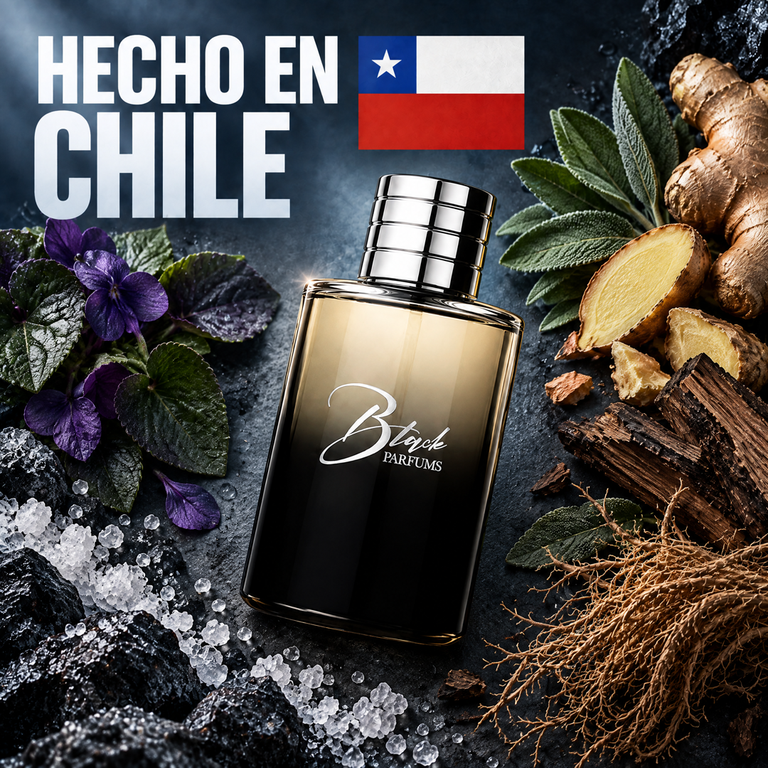 Perfume de nicho inspirado en Born in Roma Uomo hecho en Chile, con violeta, sal mineral, salvia, jengibre y vetiver