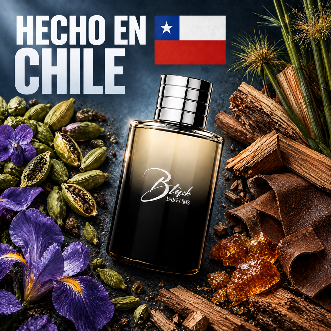 Perfume de nicho inspirado en Santal 33 hecho en Chile, con cardamomo, violeta, iris, sándalo, cuero, papiro y ámbar