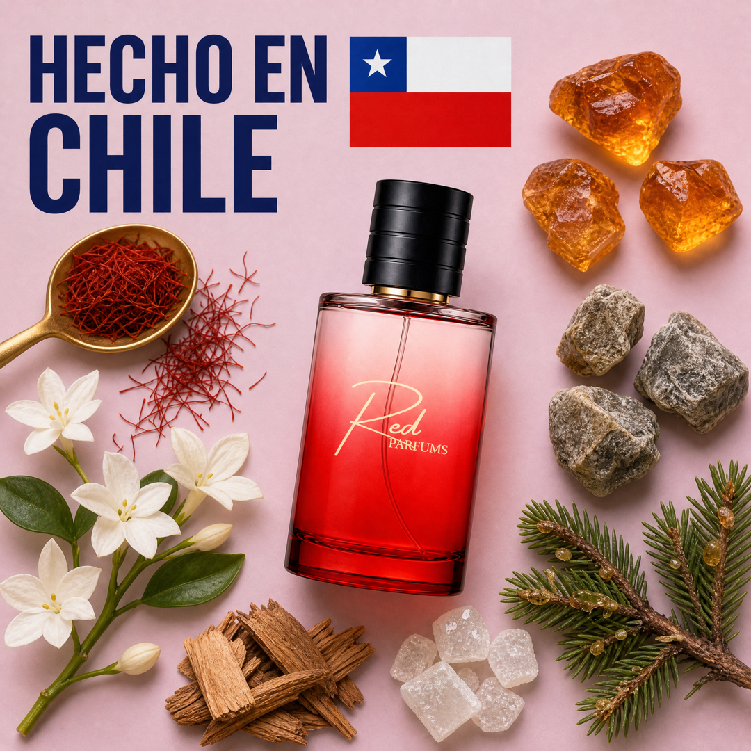 Perfume de nicho inspirado en Baccarat Rouge 540 hecho en Chile, con azafrán, jazmín, madera de ámbar y resina de abeto